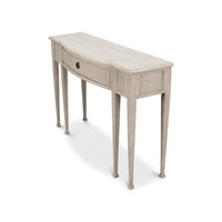 Console table, angled side and front view with drawer.