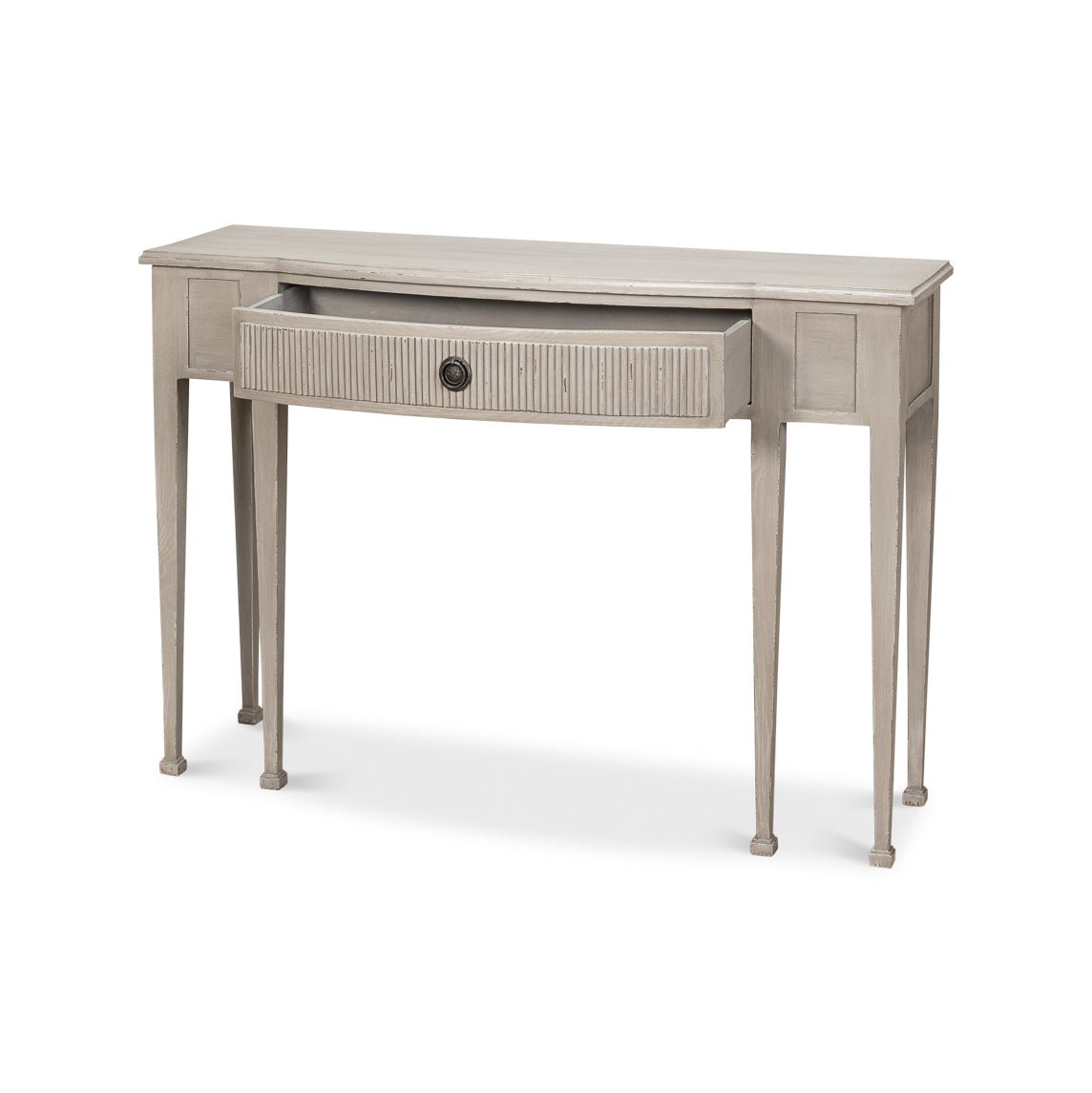 Console table, front view with open drawer.