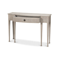 Console table, front view with open drawer.
