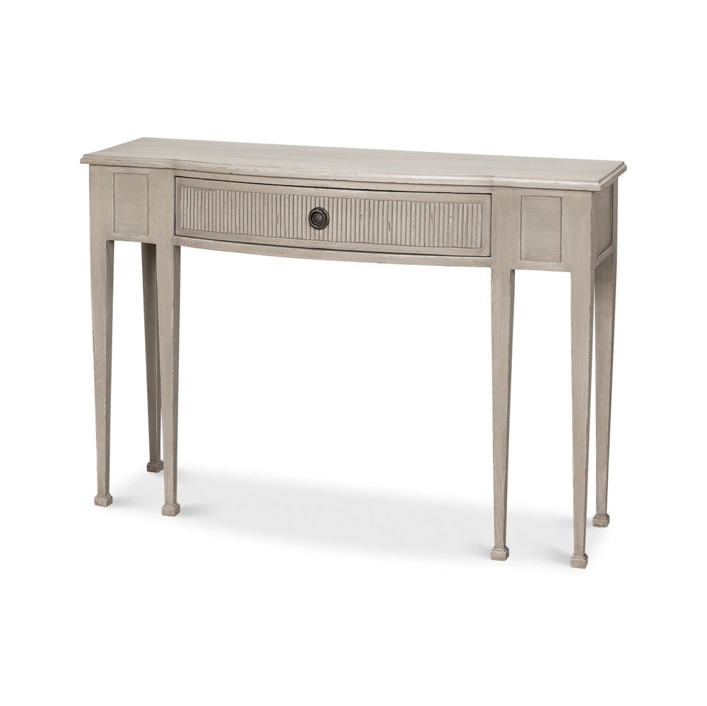 Console table, angled front view with single drawer.