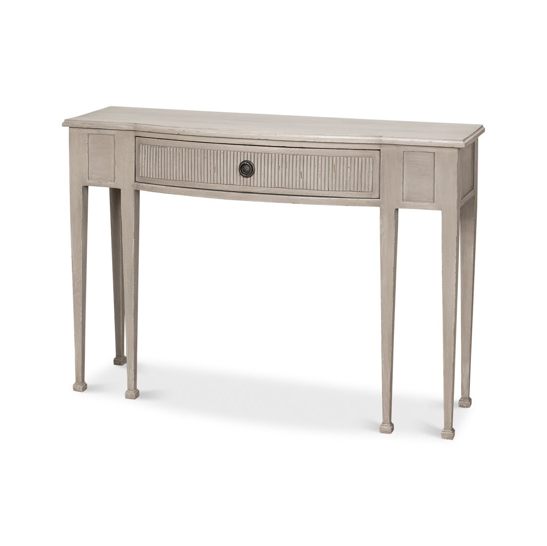 Console table, angled front view with single drawer.