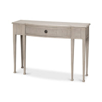 Console table, angled front view with single drawer.