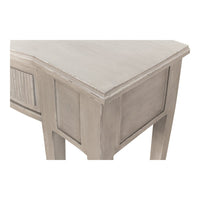 Console table, close-up of corner and leg paneling.