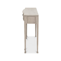 Console table, side profile view highlighting leg design.
