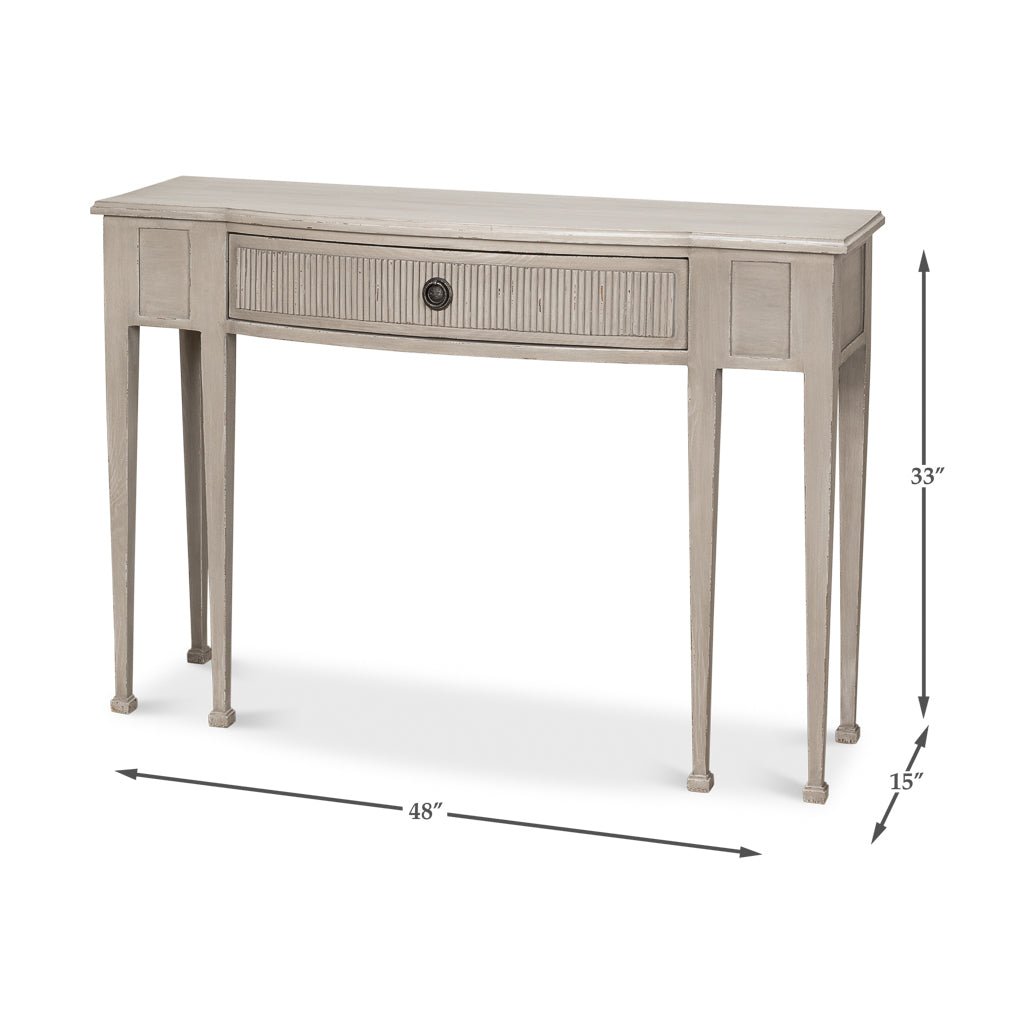 Console table dimensions, angled side view with measurements.