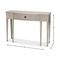 Console table dimensions, angled side view with measurements.