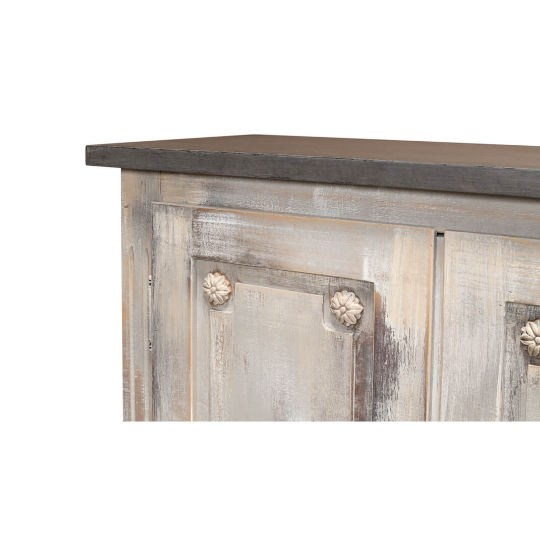 Sideboard corner detail, floral wood carving highlight.