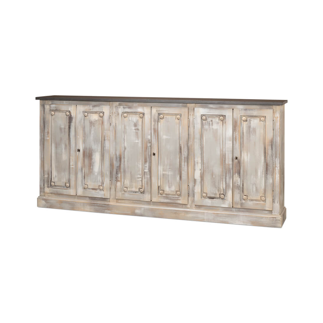 Rustic sideboard angled front view, wooden finish.
