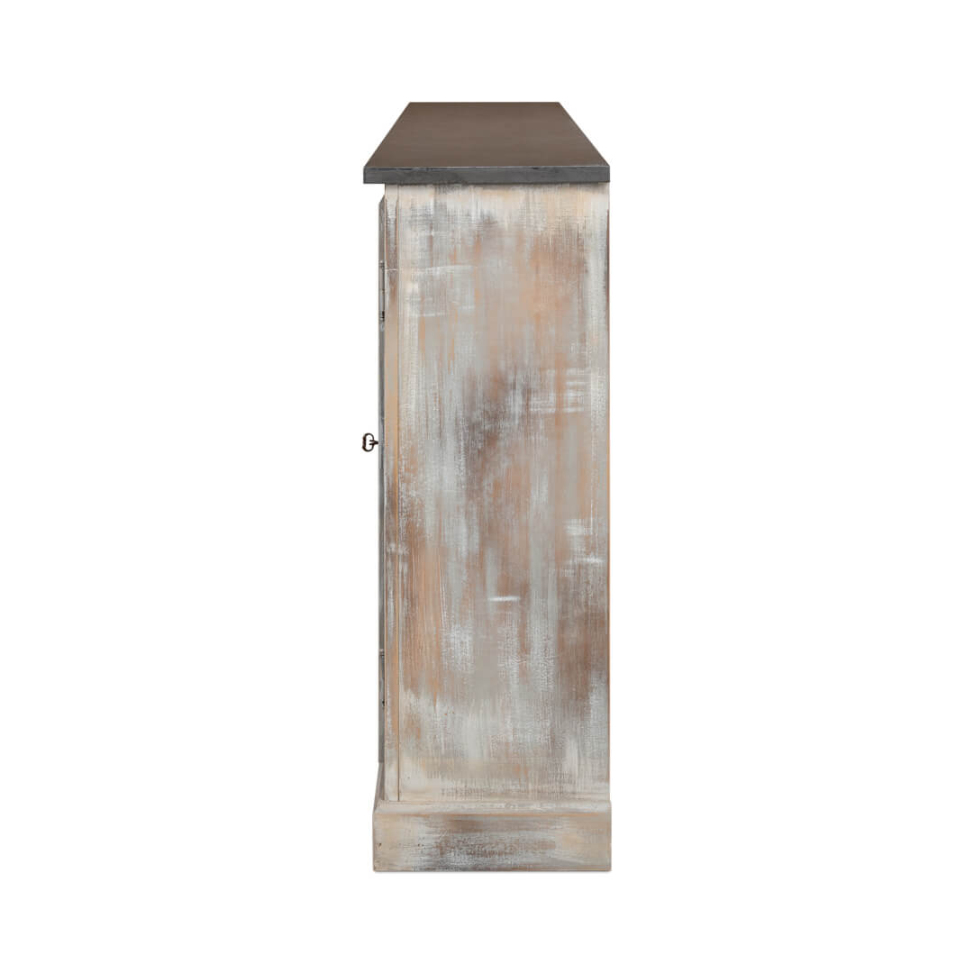 Side view of sideboard, slim profile, rustic finish.