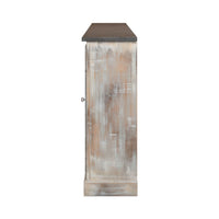 Side view of sideboard, slim profile, rustic finish.