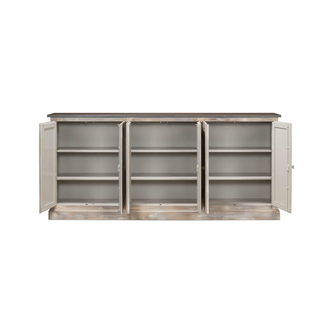 Open sideboard showcasing interior shelving, ample storage.