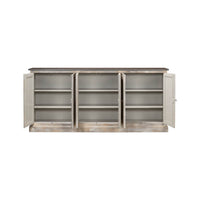 Open sideboard showcasing interior shelving, ample storage.
