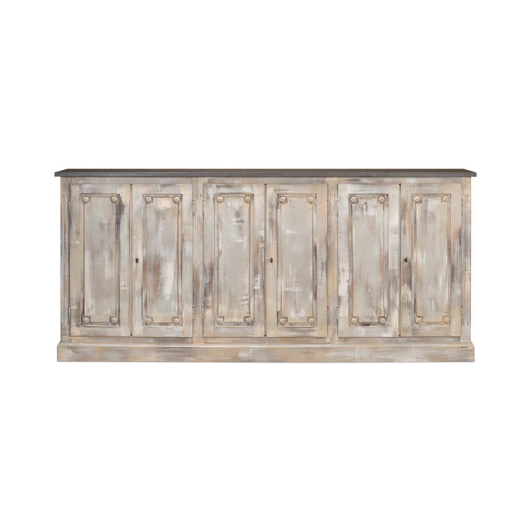 Frontal view of sideboard, detailed wooden paneling.