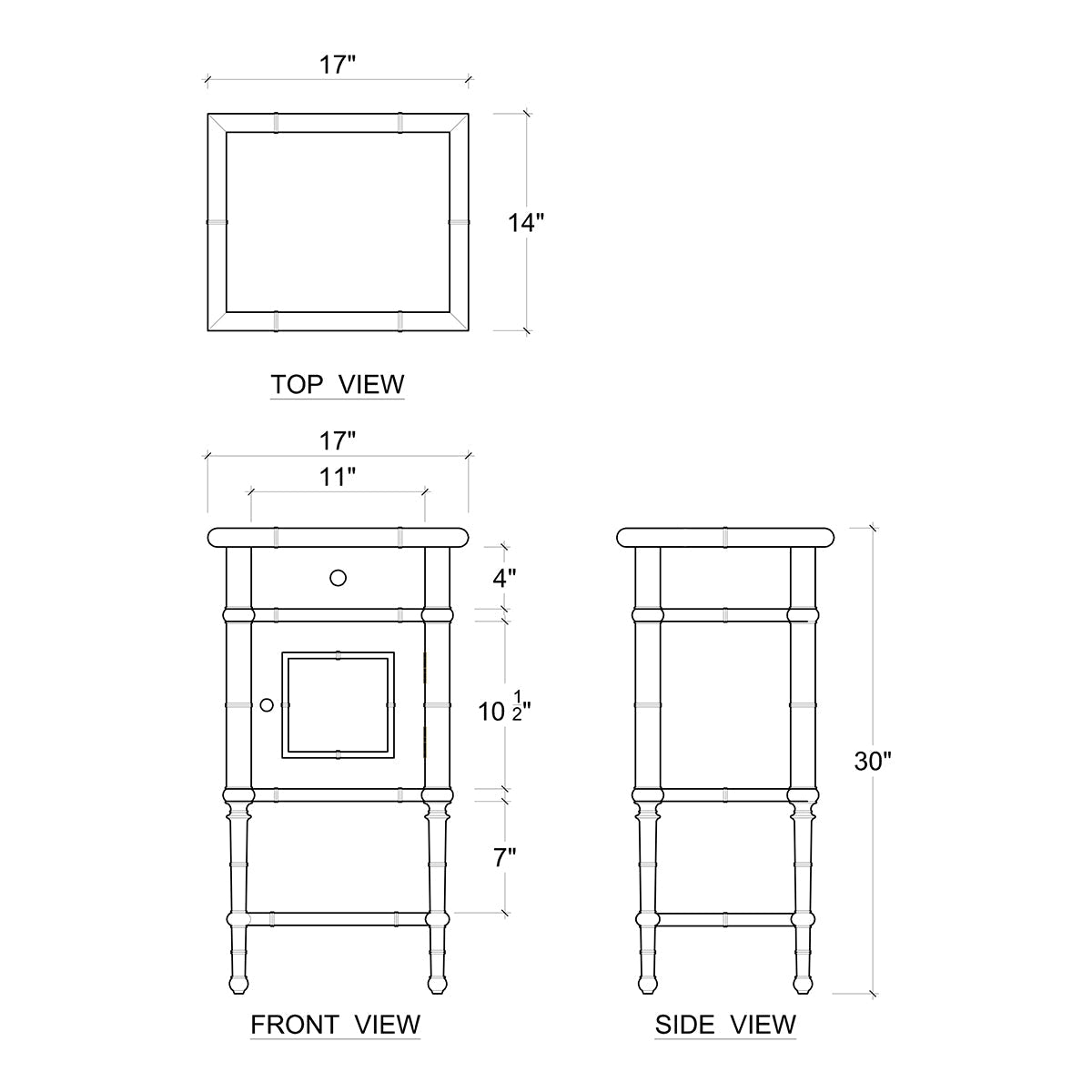 White end table dimensions diagram front and side views.
