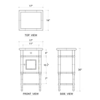 White end table dimensions diagram front and side views.