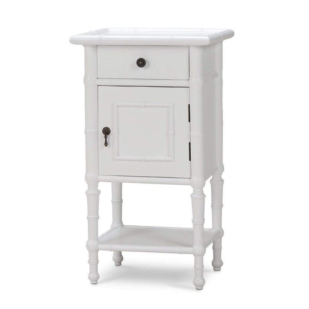 White end table front angle view with drawer closed.