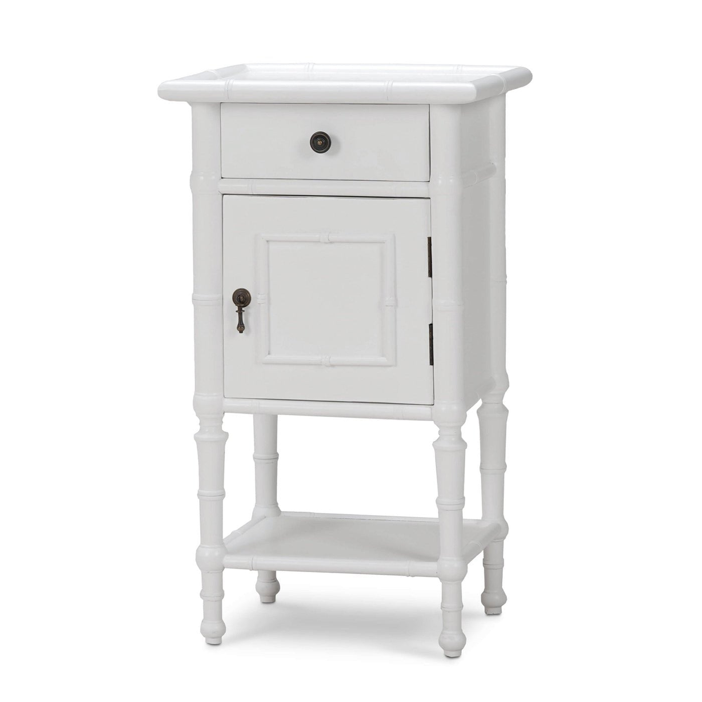 White end table front angle view with drawer closed.