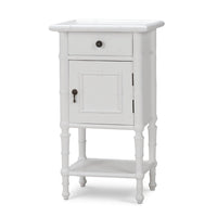 White end table front angle view with drawer closed.