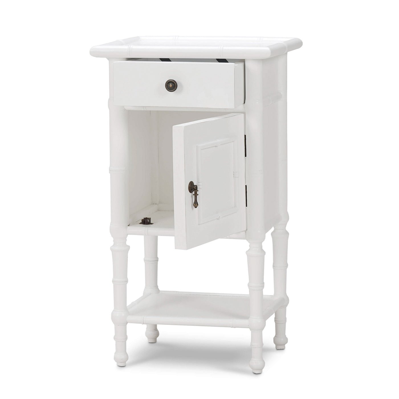 White end table with open cabinet door view.