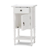 White end table with open cabinet door view.