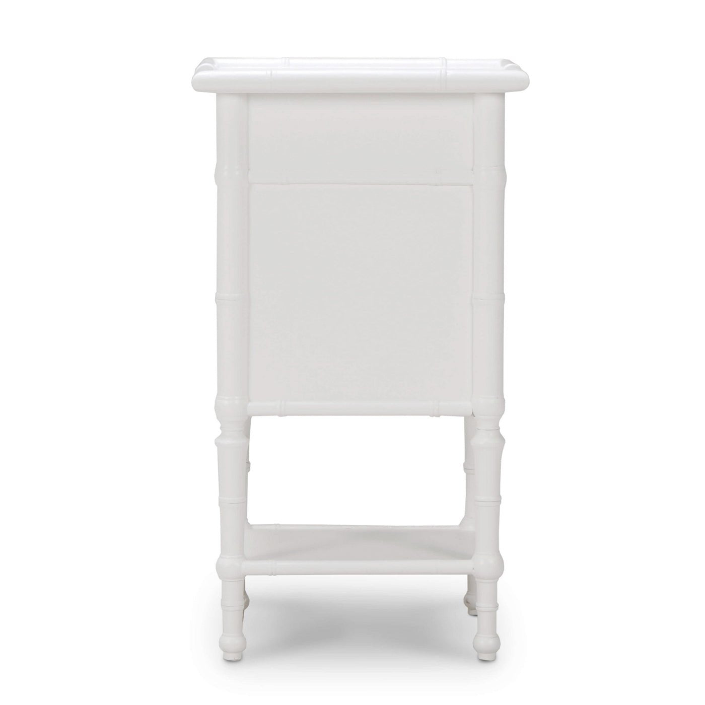 White end table from the back showing solid panel.