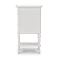 White end table from the back showing solid panel.