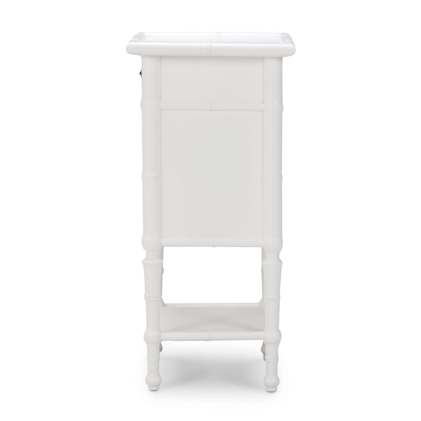 White end table side view showing leg details.