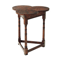 Rustic clover side table, angled view.