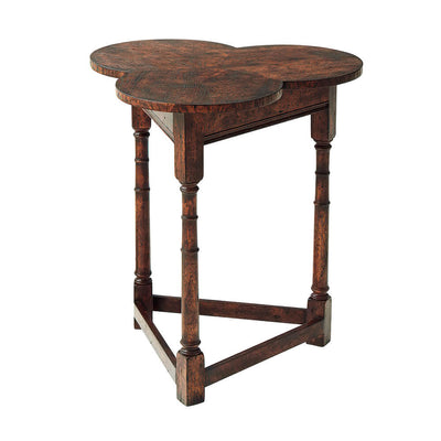 Rustic clover side table, angled view.