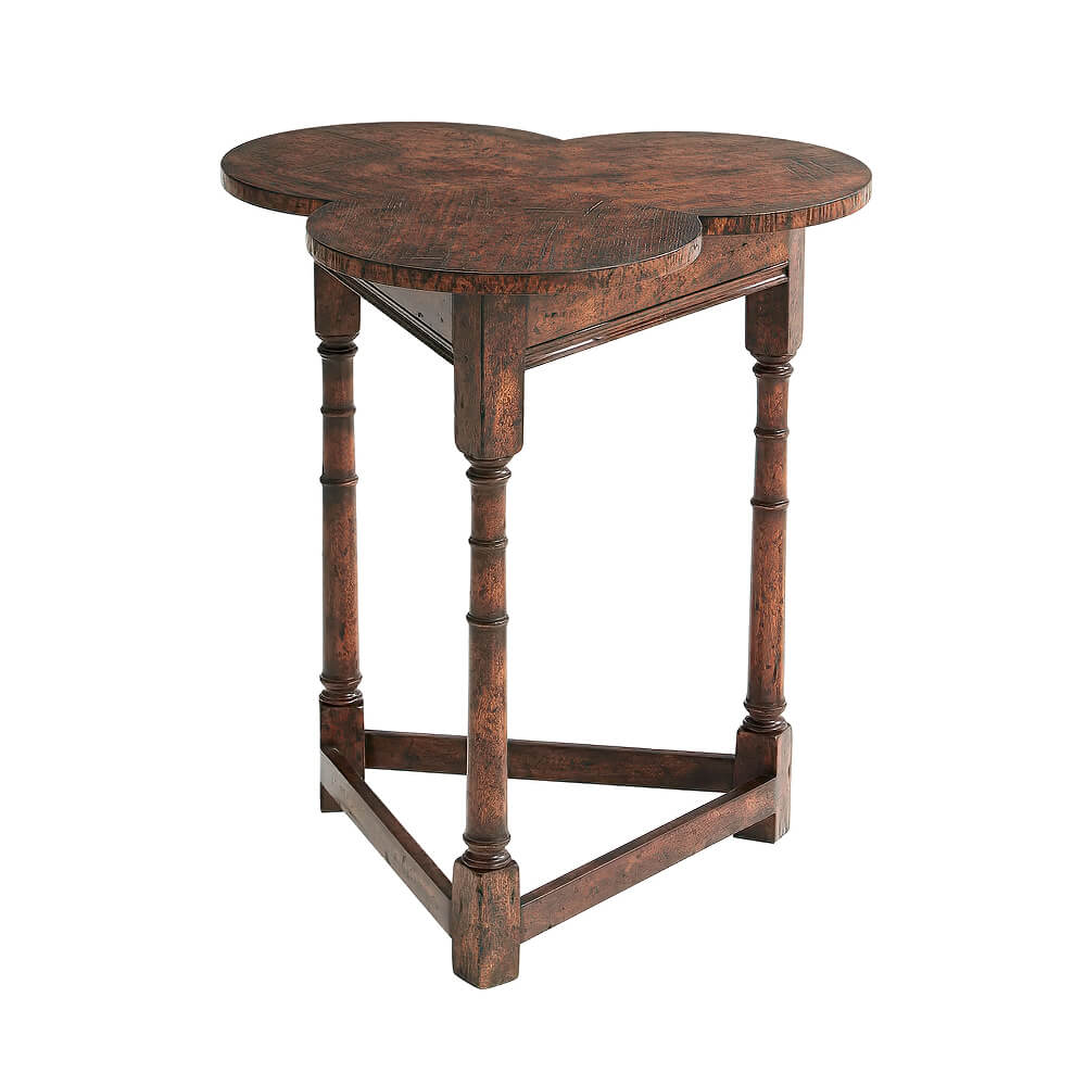 Wooden clover side table, perspective view.