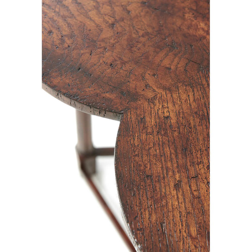 Detailed wood texture on clover table edge.