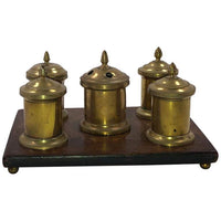 Vintage brass English desk set inkwell, full view.