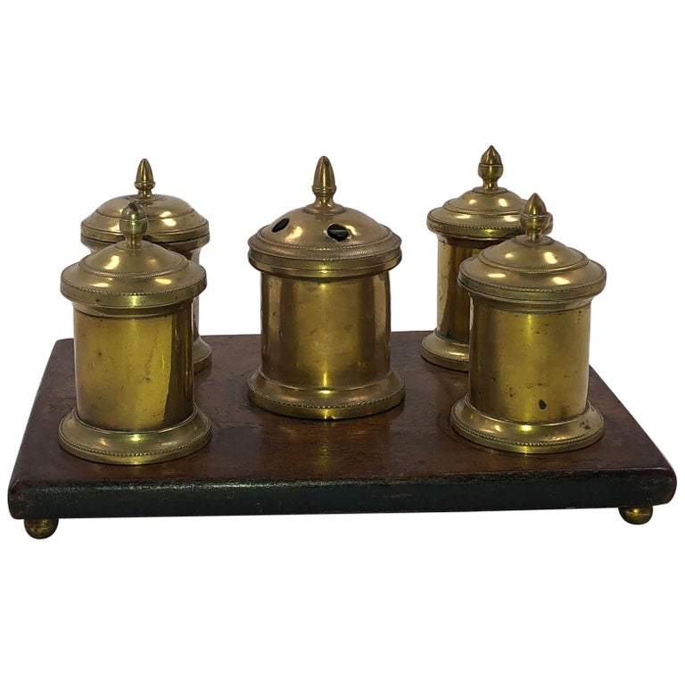 Vintage brass English desk set inkwell, full view.