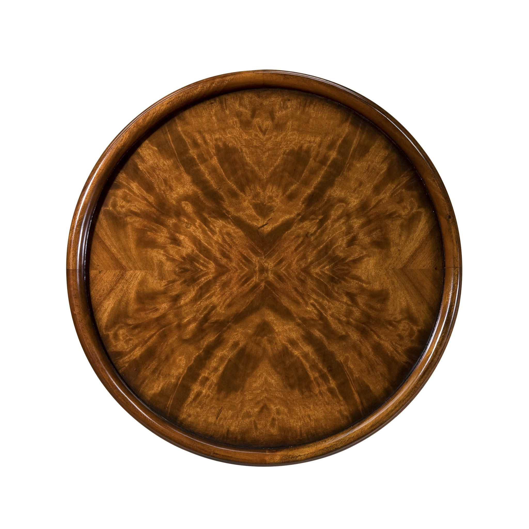 Top view of mahogany stand, intricate wood pattern.