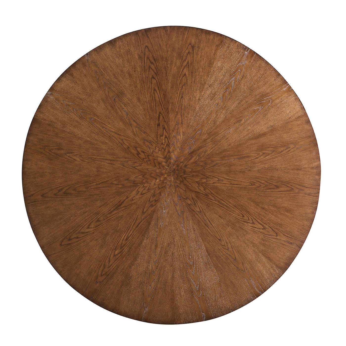 Top view of oak dining table's wood grain pattern.