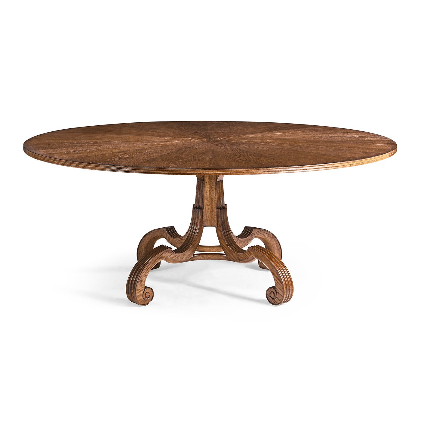 Side view of oak pedestal dining table.