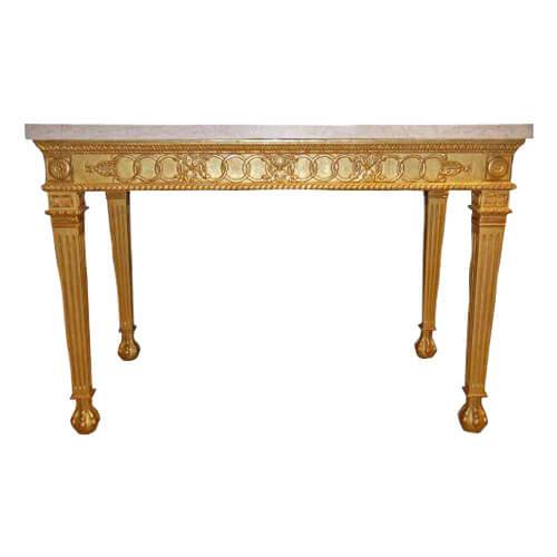 Giltwood console table, George II style design, ornate detailing.
