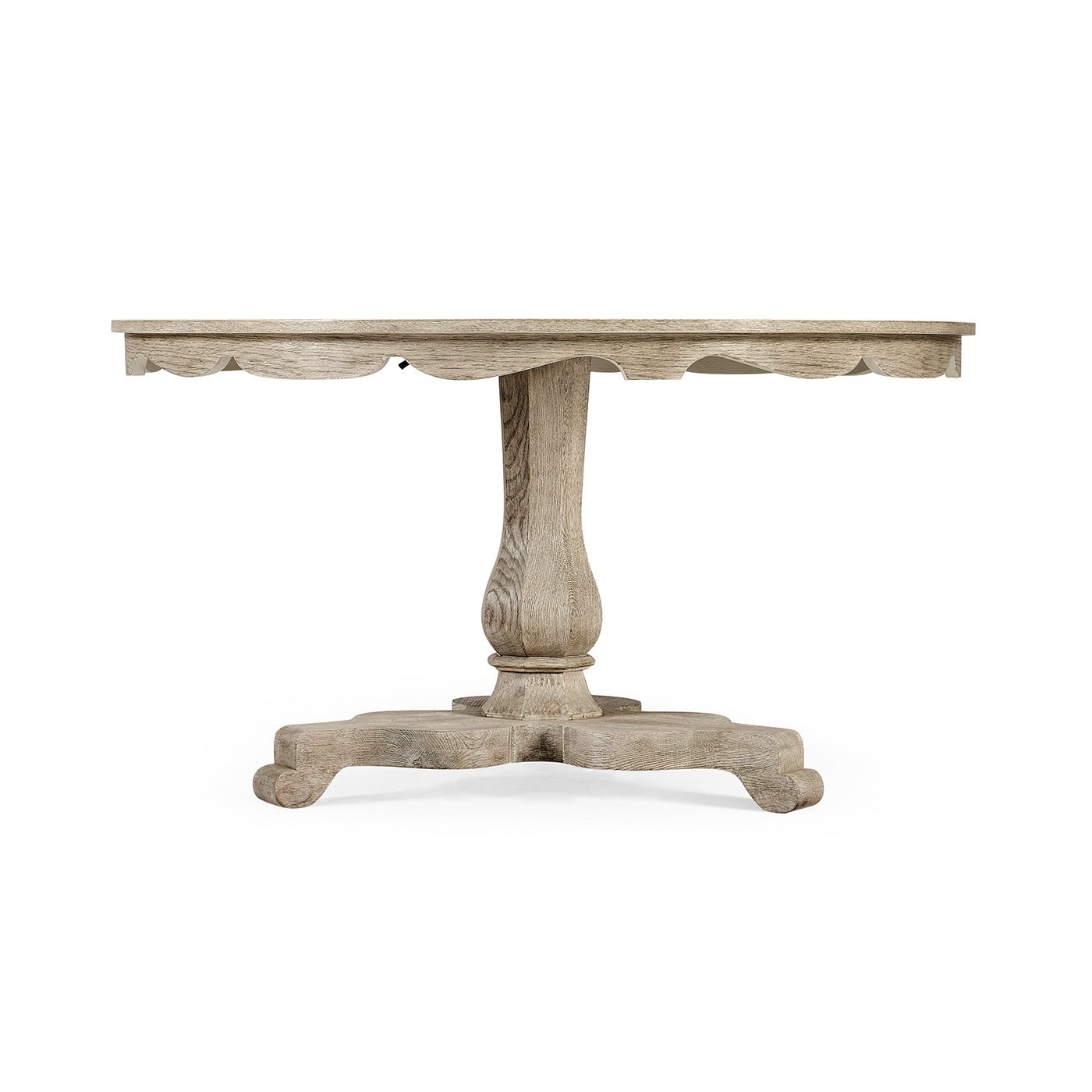 Round pedestal dining table, side profile.
