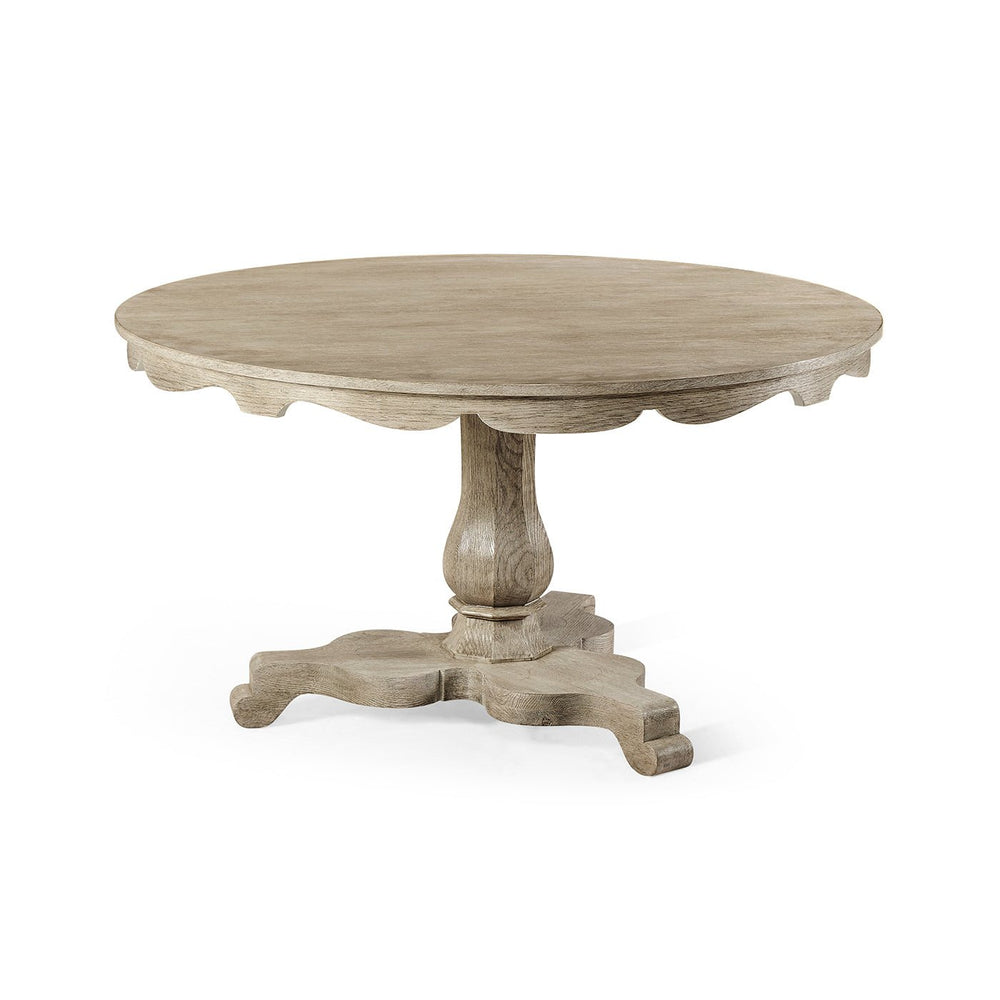Round wood pedestal dining table, side view.
