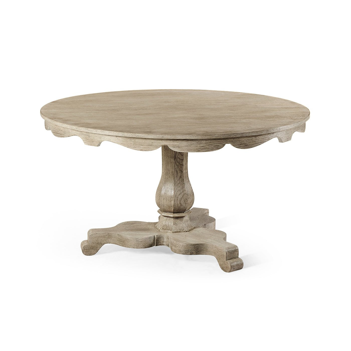 Round wood pedestal dining table, side view.