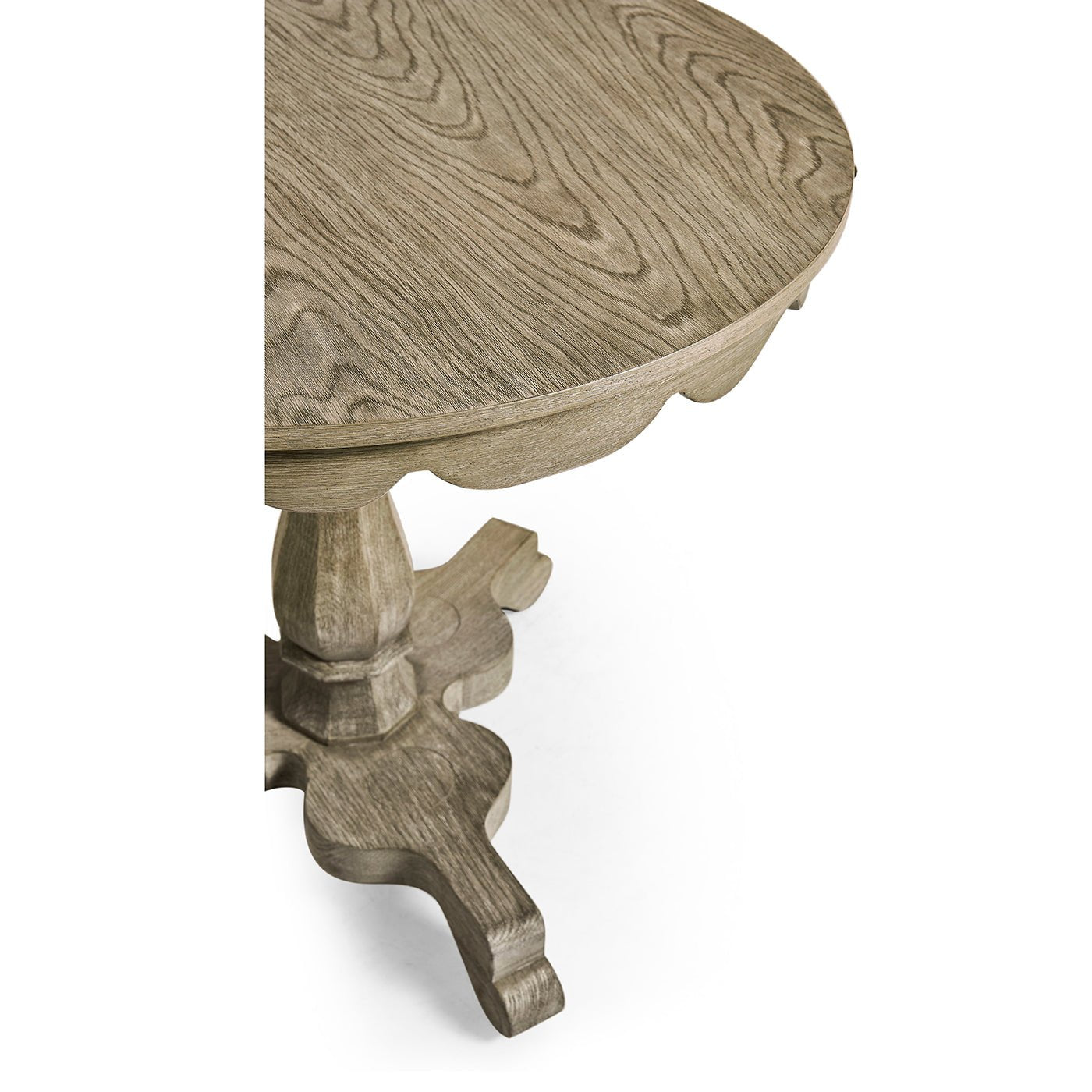 Close-up of carved leg and edge of round table.