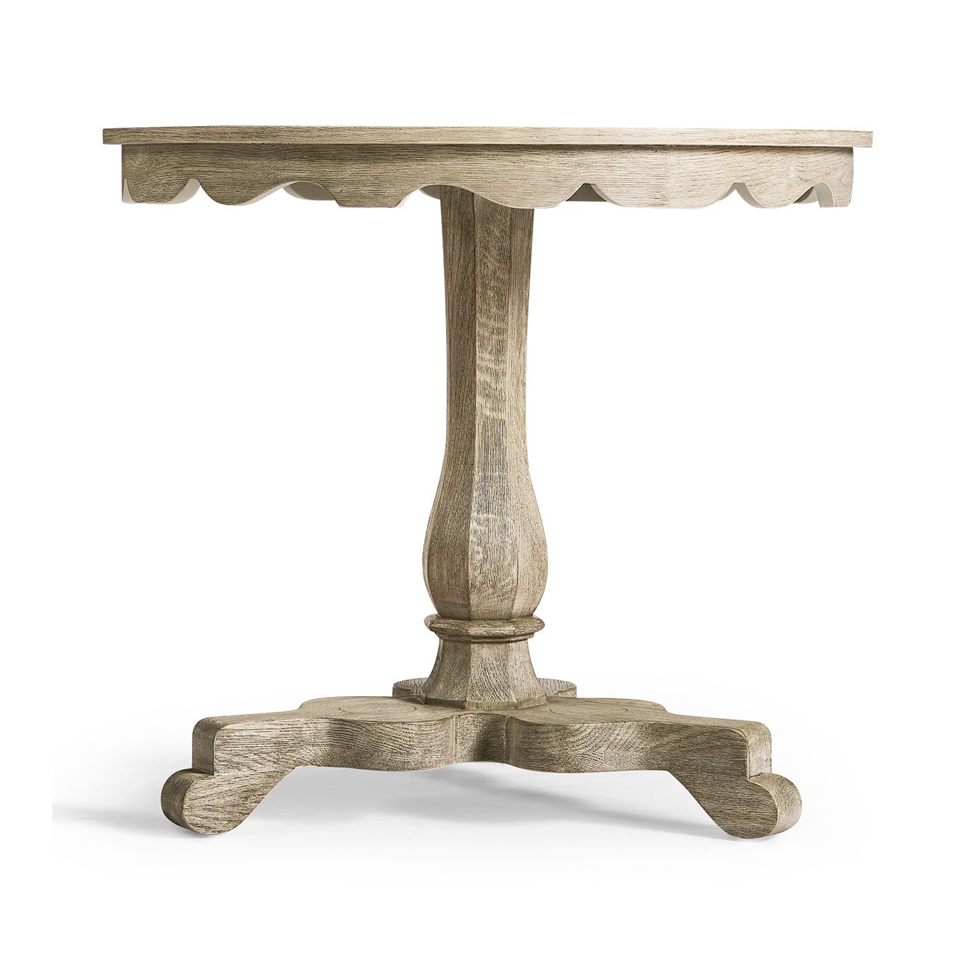 Side view of round end table showcasing scalloped edges.