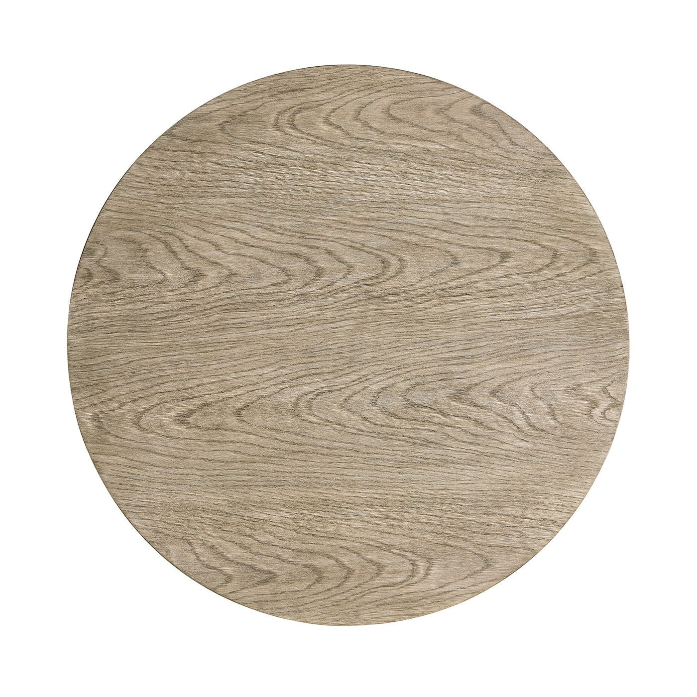 Top view of round end table with wood grain.