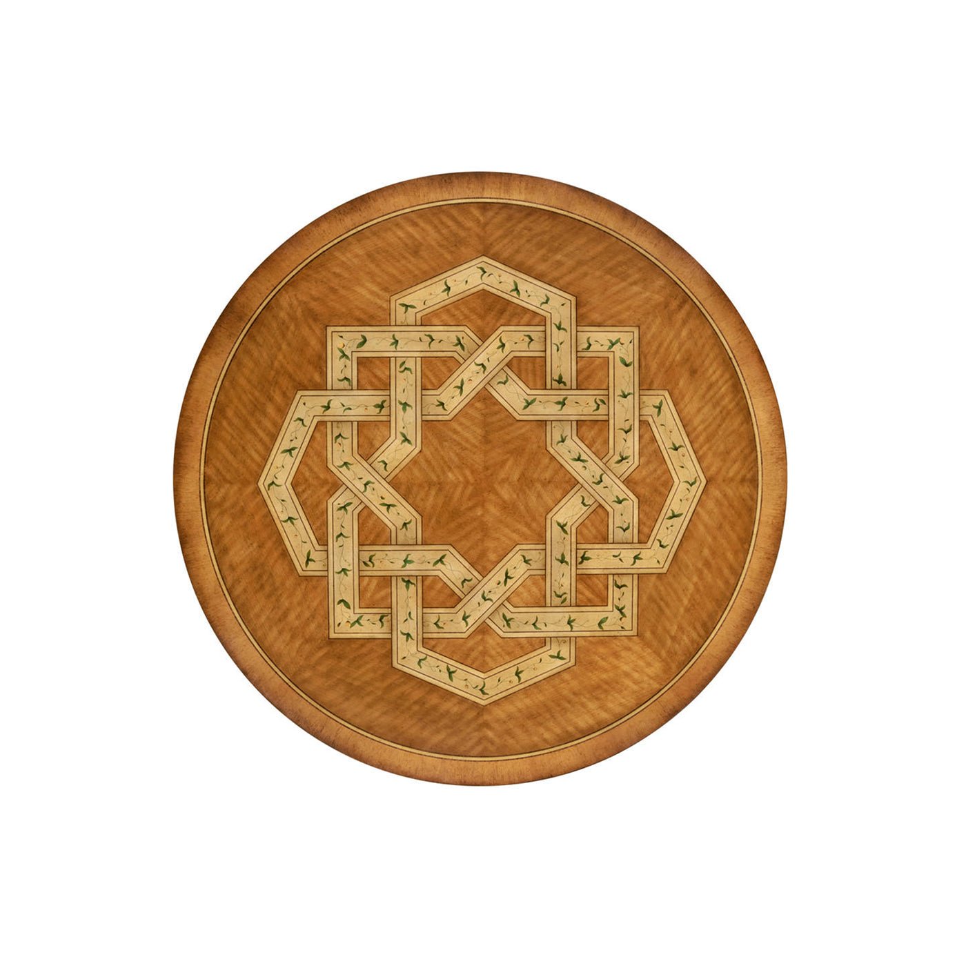Top view, closed, showcasing circular inlay pattern.