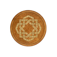 Top view, closed, showcasing circular inlay pattern.