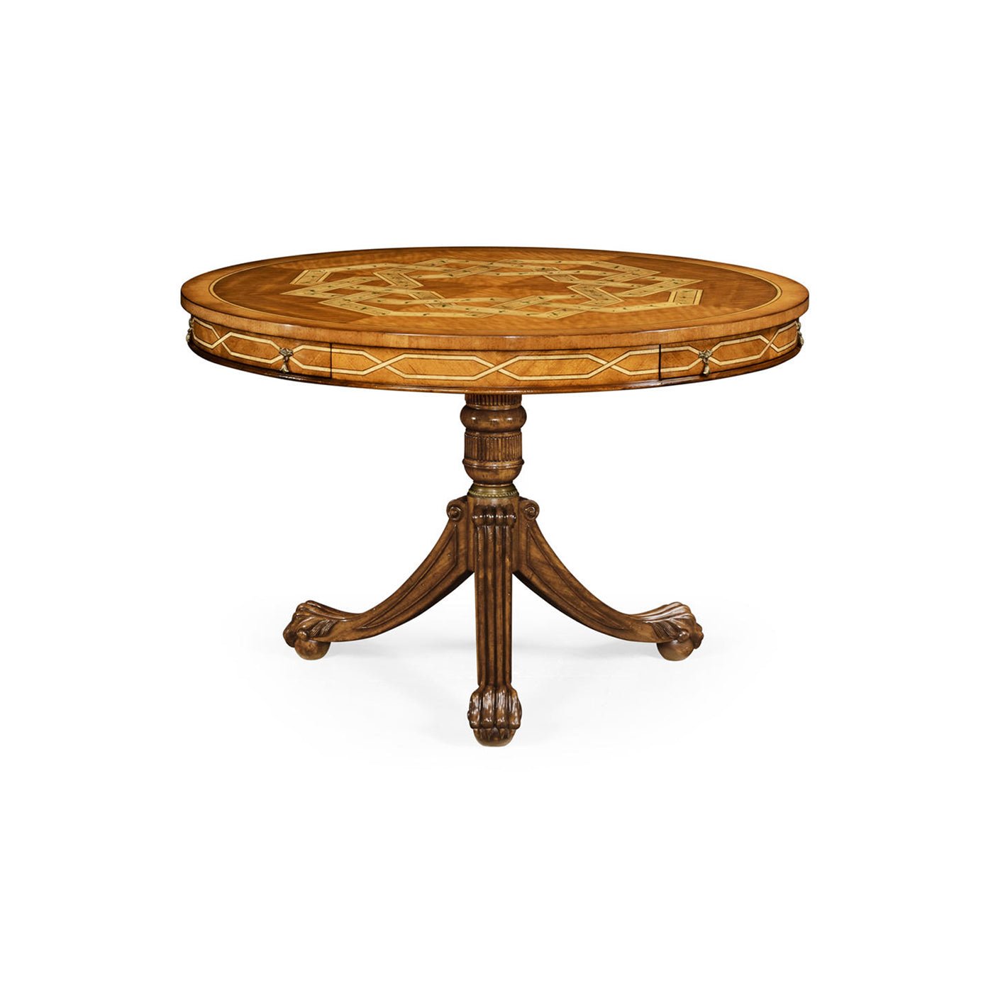 Inlaid pedestal center table, frontal view with wood detail.