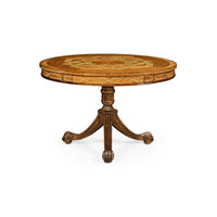 Inlaid pedestal center table, frontal view with wood detail.