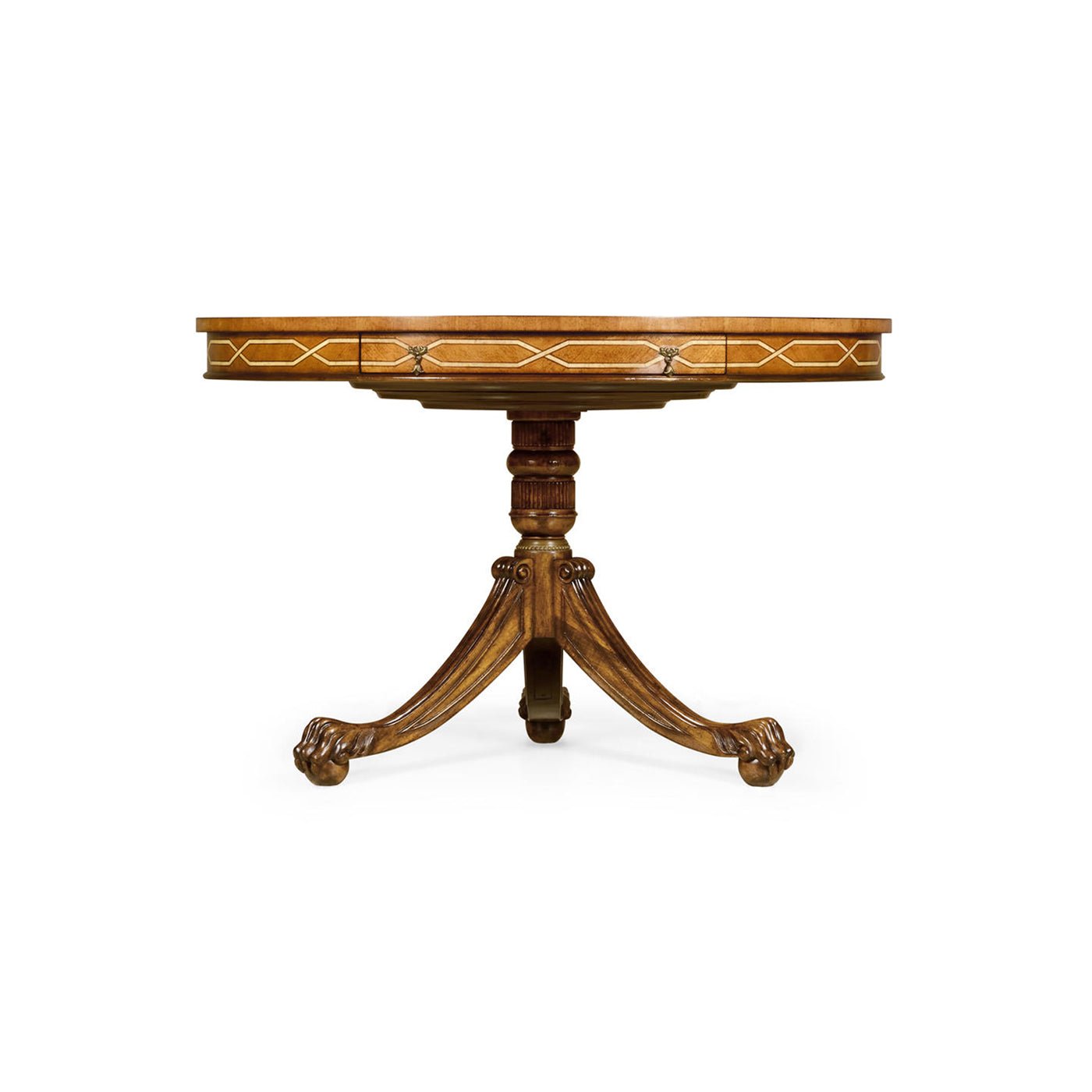 Pedestal table, side angle, showing intricate craftsmanship.