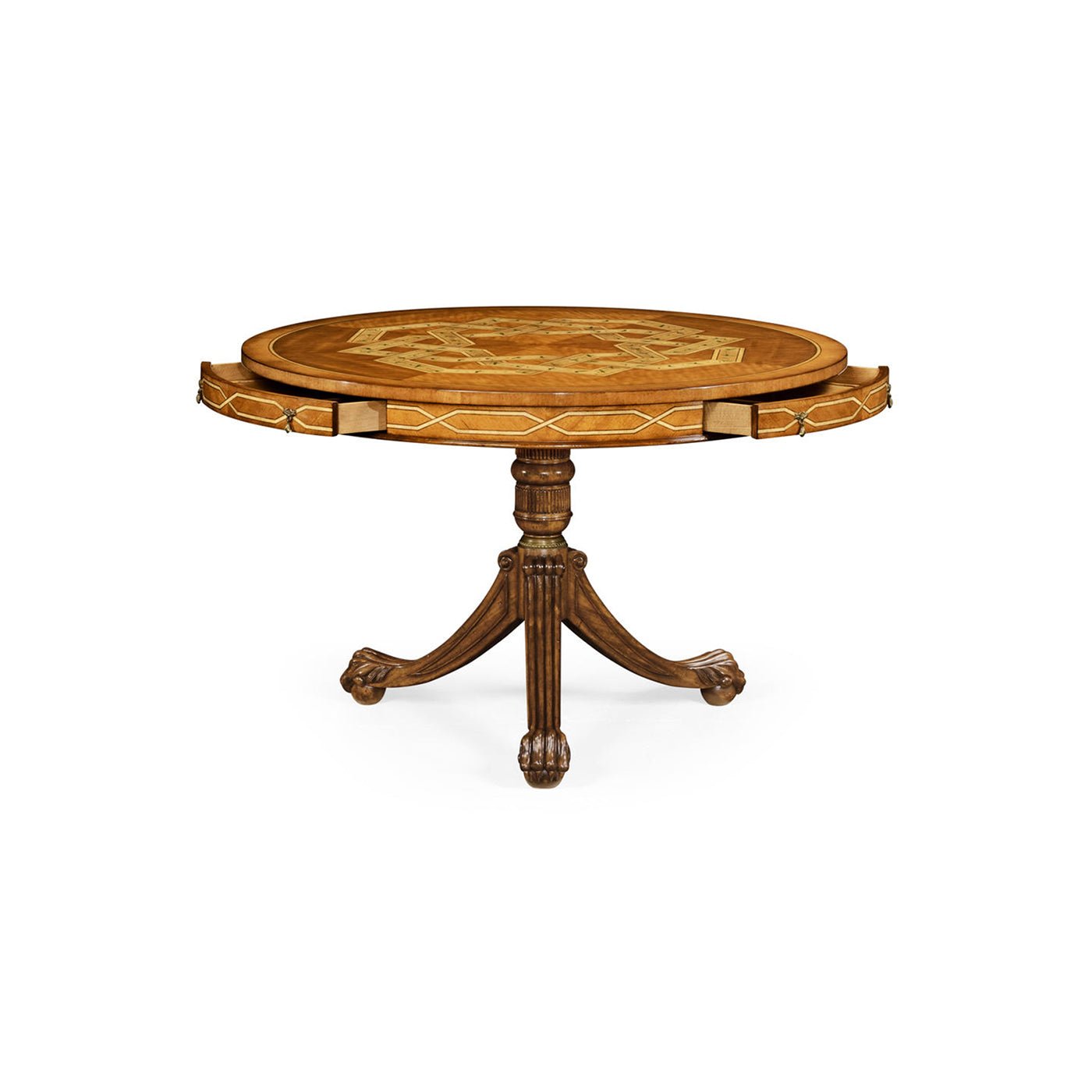 Inlaid center table, side view with ornate base.