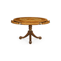 Inlaid center table, side view with ornate base.